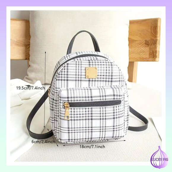 BLACK PLAID MINI BACKPACK1pc New Plaid Stylish Backpack, Multi Functional Casual - Picture 1 of 3
